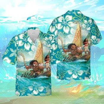 Moana Et Maui Disney Chemise Hawaïenne Disneyland Voyage Hawaiian Shirt Disney Vacances Plage Hawaïenne Chemise À Manches Courtes