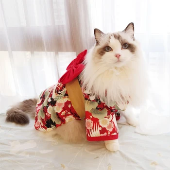 De Style japonais Mince Chat Chien Manteau Kimono d'Été en Pet Vêtements pour Chats Chiens Mignon Imprimer avec Bow-knot Chaton Sphynx Vêtements Tenue