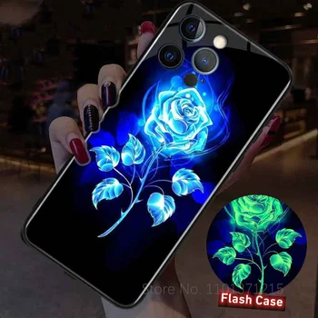 3D Smog Camellia Rose de Fleur de LED Couverture de Téléphone pour l'IPhone 13 12 Mini XR 11Pro XS Max de Verre Flash des Femmes pour l'IPhone 7 8Plus