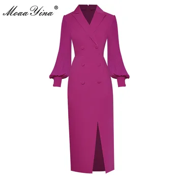 MoaaYina Designer de Mode Printemps Robe des Femmes Turn-down Col Plissé Lanterne Manches Slim Violet Dame Crayon Robes