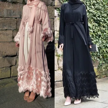 Élégant Muslimah plus épais tissu de dentelle abaya turc pleine longueur Jilbab Dubai femme en dentelle à manches vestimentaire Islamique wq1333 dropship
