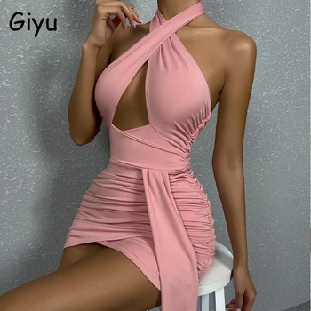 Giyu Sexy Bodycon Robes De Femmes D'Été De 2023 Partie Club Mini Vestidos Bretelles Dos Nu À Volants Creux Drapé Décontracté Robe Courte