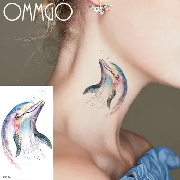 OMMGO Aquarelle Dauphin tatouage Temporaire Sticker Pour les Femmes de Tatouage d'Art de Corps les Enfants de Faux Imperméable à l'eau avec des Tatouages de dessin animé Cou Mains