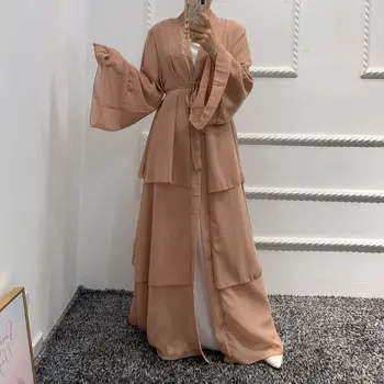 Turc Kimono Manteau Femmes Marocain Robe De Fête Musulmane De 3 Couches De Printemps Manteau Taille Plus Vêtements Islamiques Open De Dubaï Abayas Hijab