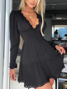 Solide À Manches Longues Dentelle Boutonné Skinny Taille Robe