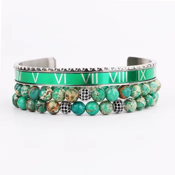 Nouveaux Bijoux de Mode Vert en Acier Inoxydable Romains Bracelet en Pierre Naturelle CZ Balle Élastique en Perles de Bracelet de Bracelet des Hommes