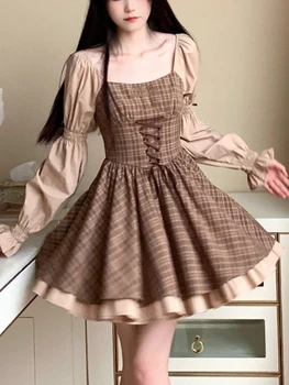 2023 Été Kawaii Partie Lolita Robe De Femmes De Causalité Manches Longues Y2k Mini Robe Femme À Carreaux Slim Une Seule Pièce Robe Coréenne Chic