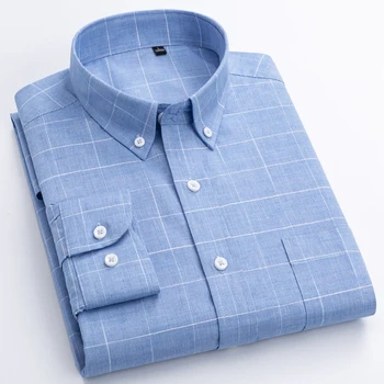 Les hommes de la Mode 100% Coton Casual Carreaux Damier Shirt Simple Patch Poche Manches Longues Standard-fit Bouton vers le bas Vichy Shirts