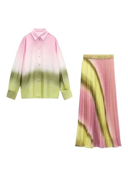 TRAF Femmes de Mode Estivale Tie-Teints Jupes Chemises Jeux de 2023 Femelle Unique à Poitrine Lâche Tops de la Cheville-Longueur des Jupes plissées
