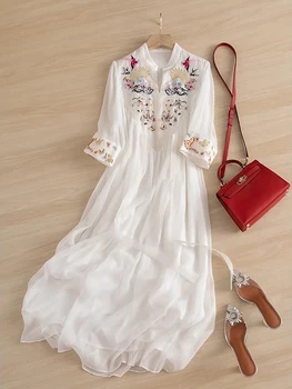 Style Chinois Robe En Mousseline Brodée National D'Art Chic Femmes 2023 Blanc D'Été Lâche Occasionnel Éthérée Plissé Robes Longues
