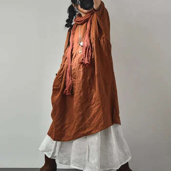 Johnature Femmes Vintage Taille Haute Robes De Lin De Couleur Unie O-Cou De Sept Manches Broderie 2023 Printemps De Nouvelles Casual Doux Robes