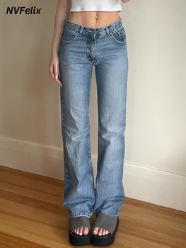 NVFelix Bleu Harajuku Straight Jeans Femme Taille Haute Vintage De La Mode Baggy Casual Jambe Large Rue Denim Pant Pantalon Aux Femmes De Nouvelles