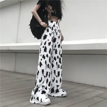 MINGLIUSILI Impression de Vache Jambe Large Pantalon 2021 coréen de la Mode Pantalon Femme Taille Haute Streetwear Lâche Occasionnel de l'Affaissement Pantalons Femmes