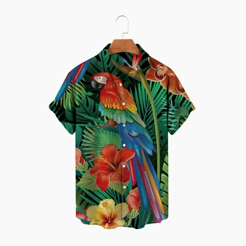 L'été Parrot Impression de Chemises pour Hommes de Couleur de Revers de Chemises pour Hommes à Hawaii la Mode des Vêtements pour Hommes Lâches Surdimensionné Manches Courtes Tops 5tg