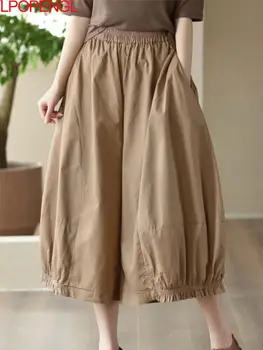 Nouvelle Couleur unie Bloomers les Femmes de la Mode d'Été de Draps en Coton de Couleur unie Vintage Art Lâche Élastique à la Taille Recadrée Large-jambe de Pantalon