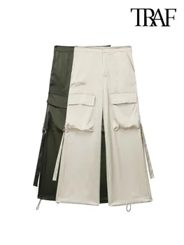 TRAF les Femmes de la Mode Avec des Poches en Satin Pantalon Cargo Vintage Mid Taille Glissière Voler Femmes Pantalon Femme
