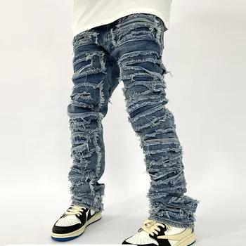 Rétro Trou Déchiré en Détresse Jeans pour Hommes Directement Lavé Harajuku Hip Hop Lâche Pantalon Denim Ambiance de Style Casual Pantalon Jean