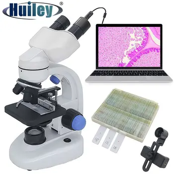 Microscope biologique avec Appareil photo Numérique Oculaires grand-angulaires 40X-2000X Zoom microscope Binoculaire Réglable Éclairage LED
