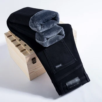 2023 De L'Hiver Au Chaud Denim Décontracté En Molleton Jeans Hommes Élasticité Slim Fit Stretch Épais Velours Pantalon Noir Gris Bleu Jeans