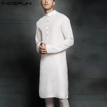 Vintage Mens Musulman Shirts Solide Bouton Islamique Chemisier INCERUN Hommes Longue Manches Stand Collar Suadi arabe des Vêtements Longs de la S-5TG 7