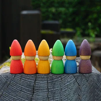 Pack de 6 arc-en-ciel de la cheville en Bois Poupées De 2,75 Pouces Gnomes Colorés en Bois de Hêtre arc-en-ciel de Jouets Créatifs Jouets Montessori