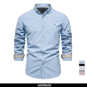 AIOPESON Manches Longues Oxford Chemises pour Hommes 100% Coton de Couleur unie Sociale de Chemises pour Hommes Nouveau Printemps Automne Mens Designer Vêtements