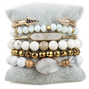 RH de la Mode de la Bohême Bracelet de Perles Blanches Druzy Charme 6pc Pile de Bracelets Bracelet Pour les Femmes de Bijoux de Cadeau