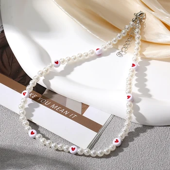 IPARAM Y2K de Perles Artificielles Perles de Collier pour les Femmes, les Filles Rouge Pendentif Cœur d'Amour Mignonne Vintage, Colliers ras du cou Bijoux de Mode