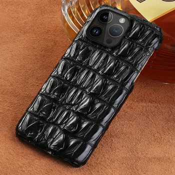 100% Authentique Crocodile de Cuir de Cas de Téléphone Pour iPhone 15 11 12 13 14 Pro Max 12 Mini XR X XS 7 8 Plus SE 2020 de Luxe, Dos de la Couverture
