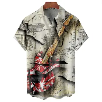 D'été, Chemises Hawaïennes Pour les Hommes 3d Vintage Musique Rocker Guitare Imprimer la Plage Shirt Short Sleeve Tees Tops Harajuku Ropa Hombre 5TG
