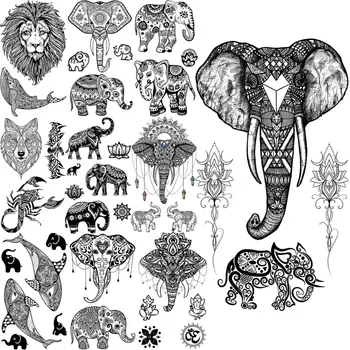 Black Elephant Henné tatouage Temporaire Pour les Adultes Hommes Réaliste Lion Baleine Loup Scorpion Faux Autocollant de Tatouage de la Jambe Arrière Tatouages 3D