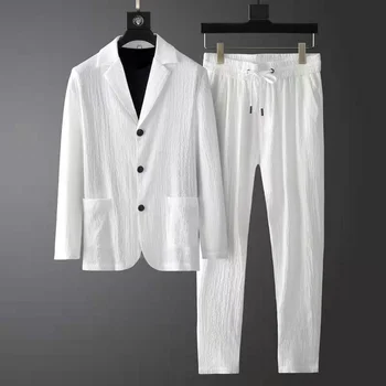 Nouvelle Mode Costume des Hommes de Printemps, d'Été à Manches Longues Haut de gamme Casual Costume coréen Slim Beau Deux-pièces Blanc Blazer Noir Pantalon