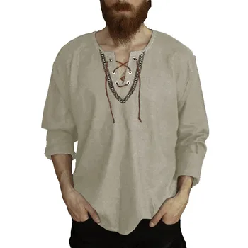 Vikings Shirt Coton Lin Lin Tops En Dentelle À Manches Longues Chemisier Mens V Cou Des Costumes Médiévaux De La Broderie De La Tunique Chemise Casual