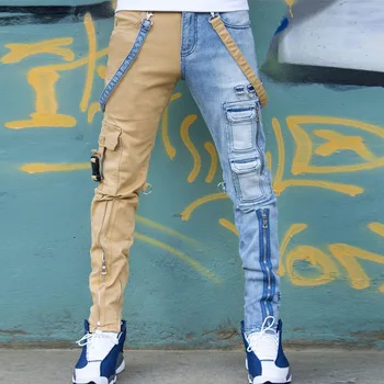 2023 Nouvelle Kaki Denim Bleu Personnalisé aux Couleurs de blocage Lavé Jeans Hommes Pantalon Droit fermeture à Glissière Outillage