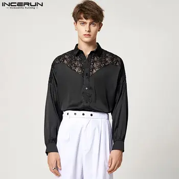 INCERUN Hommes Chemise Dentelle Patchwork Revers Manches Longues Mode Streetwear Casual Camisa Masculina 2023 Sexy Voir à Travers Shirts S-5TG