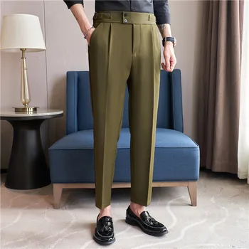Solide de Glace mince de Naples Taille Haute Pantalon Hommes Formelle Pantalon élastique ceinture de caisse Haute Qualité Slim Fit Business Casual Pantalons de Costume