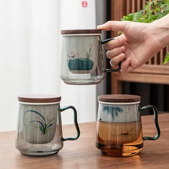 Creative Glass Infuseur de Thé Tasse Avec Filtre Transparent Poignée en Bambou Couvercle résistant à la Chaleur de la Fleur Tasse de thé Office Tasse de Thé Verrerie