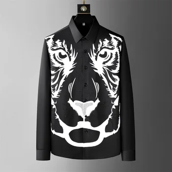 Luxe Strass 3D Lion Chemises Hommes Manches Longues Slim Casual Shirts Streetwear Social Business Chemises de la Robe de Camisa Masculina