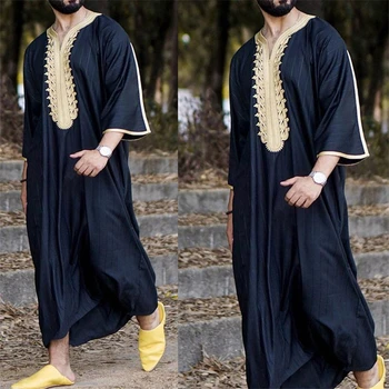 2022 Ramadan Nouveau Mode Caftan Musulman Ensembles Abaya Homme Chemise de la Jeunesse Qamis Homme Lâche Occasionnel V-cou Couleur unie Vêtements Islamiques