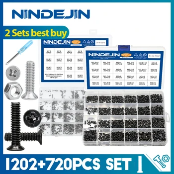 NINDEJIN 1202pcs ordinateur Portable à Tête Plate Phillips Vis de M1-M1.6 en Acier Inoxydable 720pcs Noir Micro Kit de Vis M1.4-M3 Acier Au Carbone