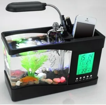 Aquarium USB Mini Réservoir de Poissons d'Aquarium d'Aquarium Avec la Lumière de la Lampe LED LCD Écran d'Affichage de l'Horloge Et de Réservoir de Poissons d'Aquarium