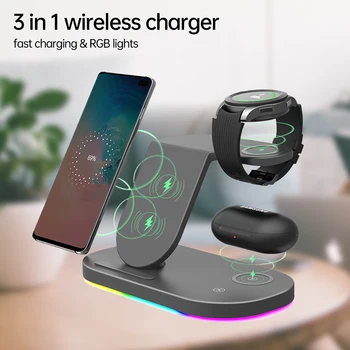 3 en 1 Chargeur sans Fil Stand 15W Charge Rapide pour Samsung Galaxy S23 Ultra/S22/S21/S10 Galaxy Watch 6 5 Pro Active 2 Bourgeons