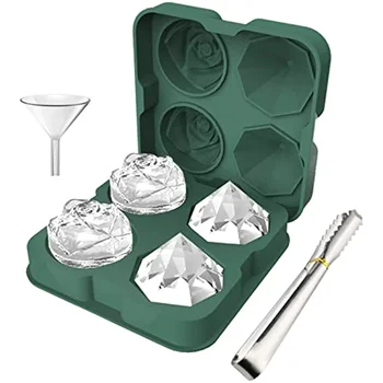4 Grilles Bac à glaçons Transparent avec Entonnoir en Silicone Rose et Diamant Boule de Glace Maker Moule pour Congélateur Cube de Glace Réutilisables Faire